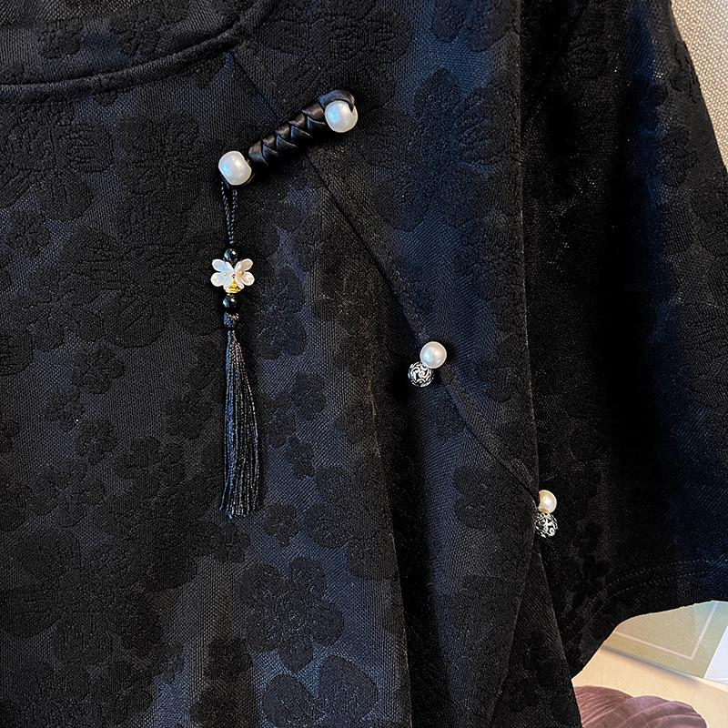 Kadın Yazlık Bol Büyük Beden Yuvarlak Yaka Kısa Kollu Tişört Düz Renk Edebi Tasarım Düğmeli Günlük Üstler