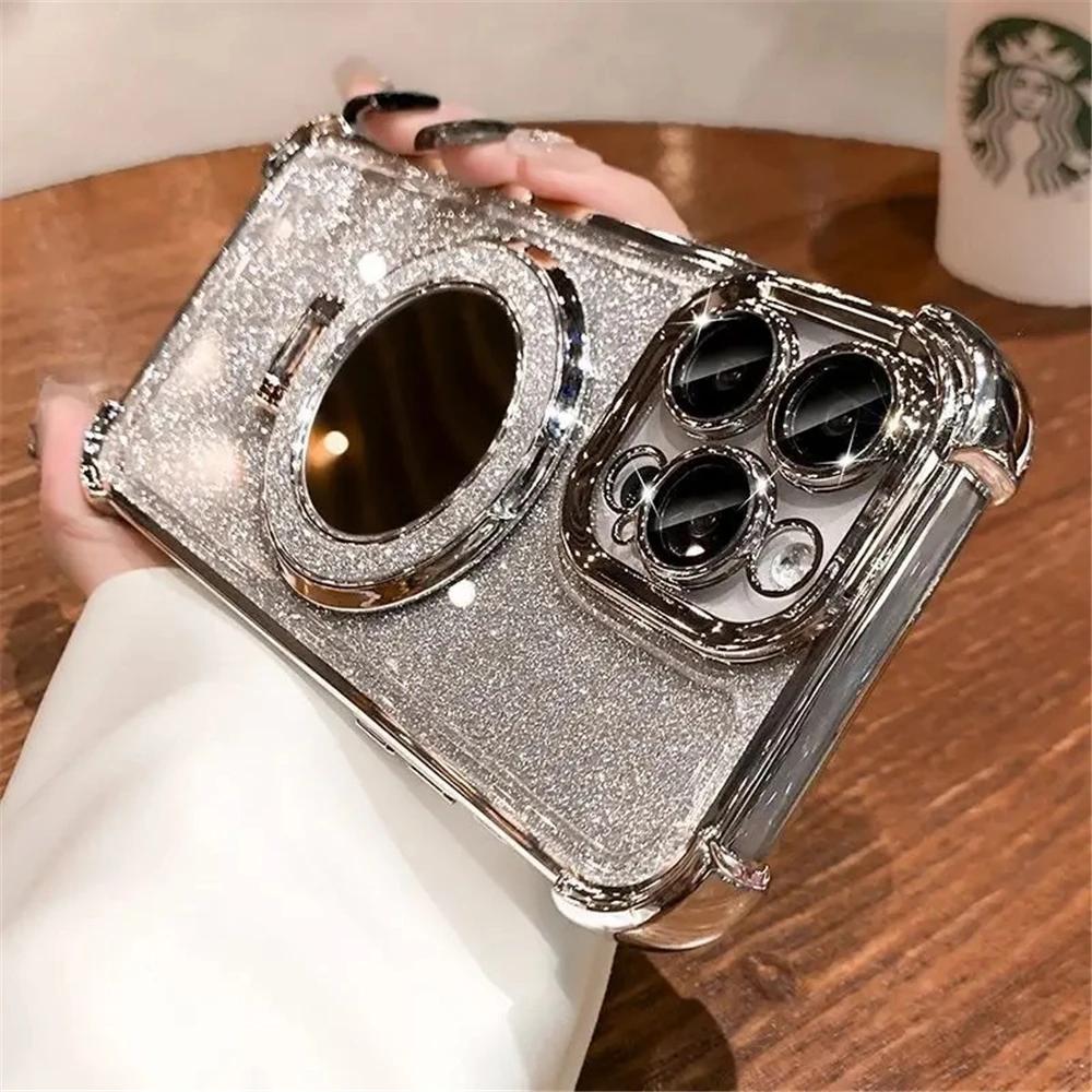 Glitter Mirror Magnetic Stand Phone Case for iPhone 17 Air 16 15 14 13 12 11 Pro Max 15 16 Plus Samsung S25 S24 23 S22 S21 Ultra Plus FE A17 A56 A36