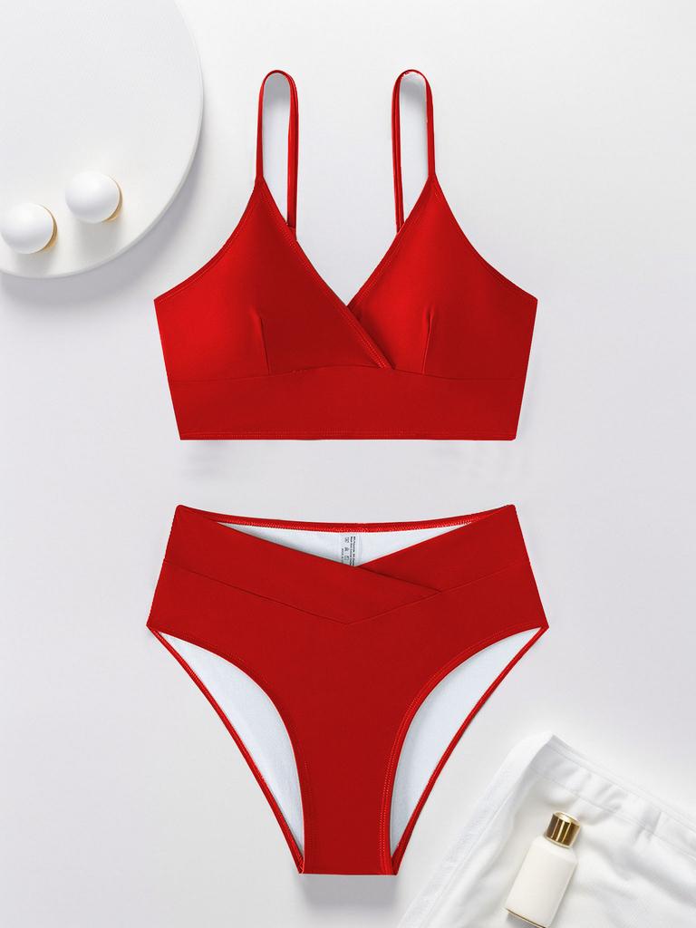 Solid Deep V Backless Sexy Bikini Set Elegant Comfortable Two Piece Swimwear