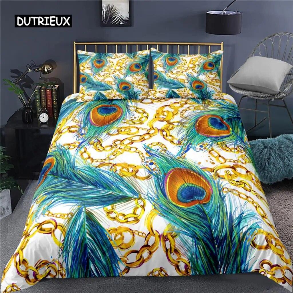 Peacock Duvet Cover Plum Blossom Decor Bedding Set King Size Crane Peacock Feather Floral Pattern Romantic Polyester Quilt Cover  Three-piece Set