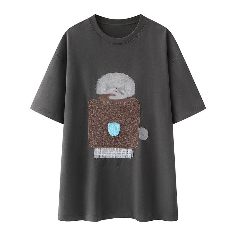 

2026 Spring/Summer Cartoon Embroidered T-Shirt: Loose, Versatile, Round Neck, Casual Short Sleeve Top for Women M
