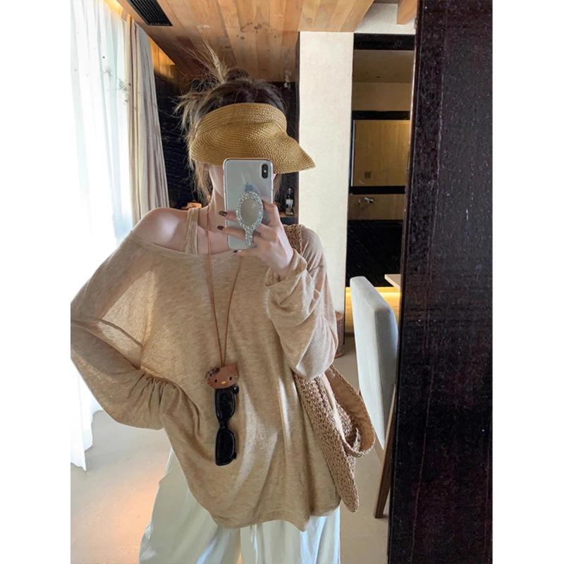 

Womens Solid Color Off Shoulder Loose Long Sleeve Sun Protection Top S бежевый