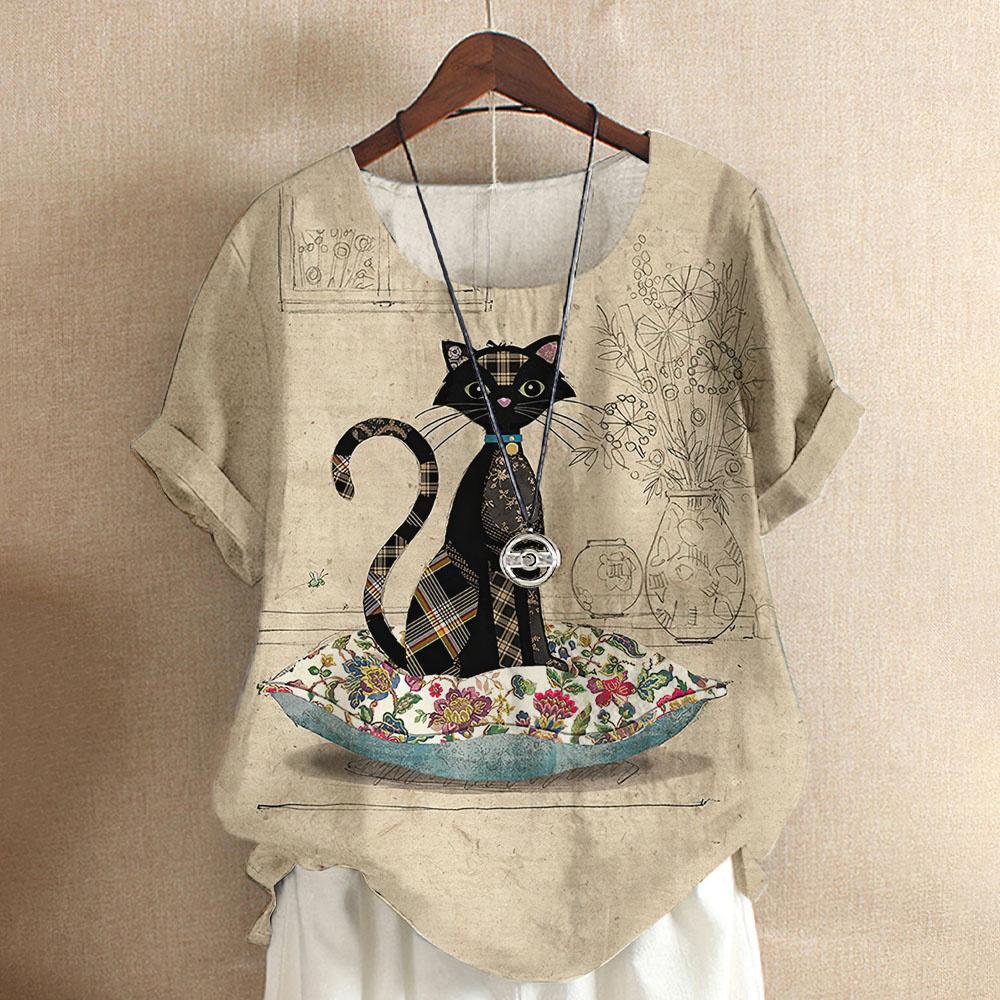 Maglietta da donna con gatto dei cartoni animati, camicetta Harajuku, scollo a V, manica corta, oversize, casual, pullover, estate, magliette carine, abbigliamento femminile