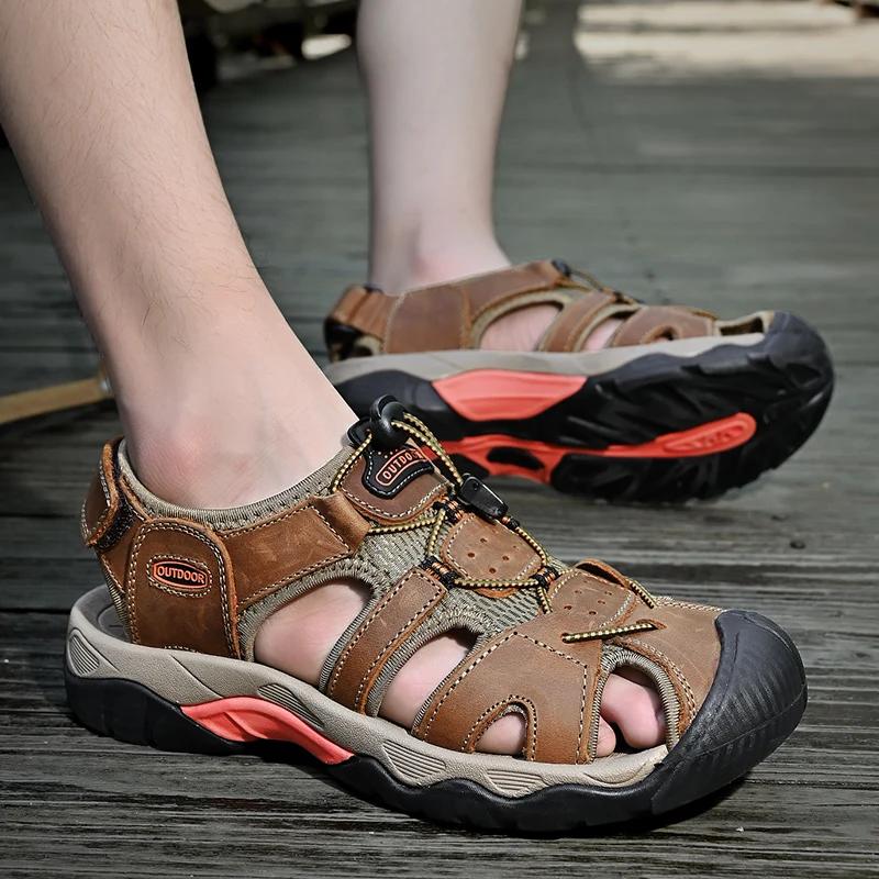 Hot Sale Sommer herresandaler utendørs sklisikre herre strandsandaler Håndlagde ekte skinn herresko Mote menn joggesko