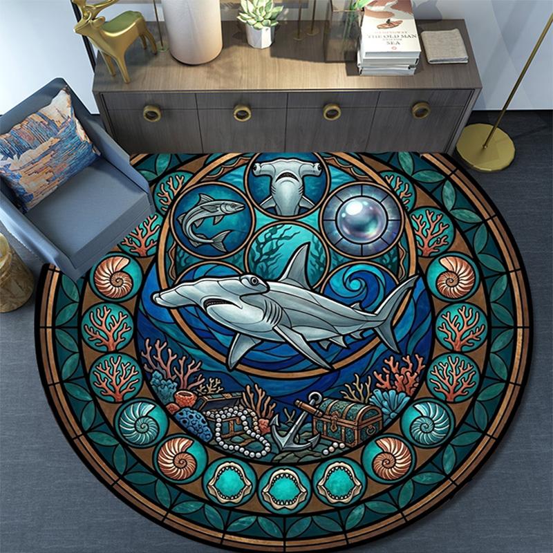 Marine Life Glass Round Area Rug Under Office Chairs Bedroom Living Room Home Decor