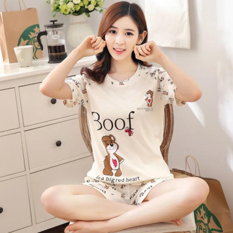 Pyjama Damen Sommer Kurzarm Shorts Übergröße Locker Cartoon Bär Rundhals Lässig Atmungsaktiv Damen Nachtwäsche Loungewear