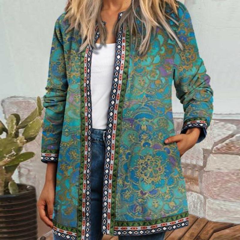 Cardigan Vintage U Neck Flower Print Rich Colors Long Sleeves Pockets Colorfast Loose Ethnic Open