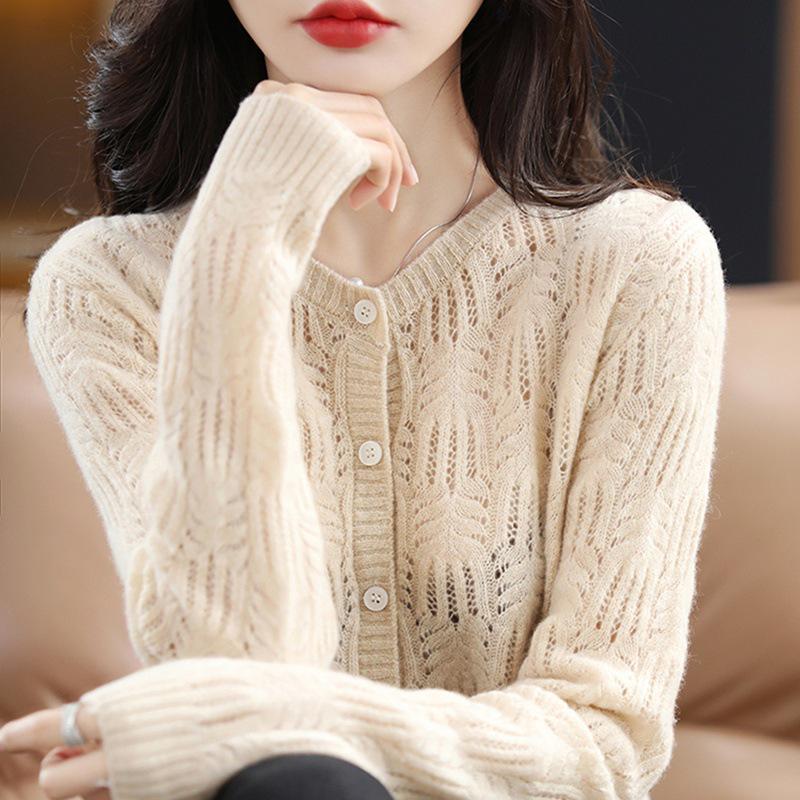 Women's Fashionable Autumn Wool Cardigan Coat - Round Neck, Knit, Hollow Design Cashmere Sweater