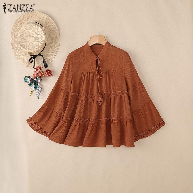 ZANZEA Women Casual Stand Collar Bell Sleeve Loose Blouse