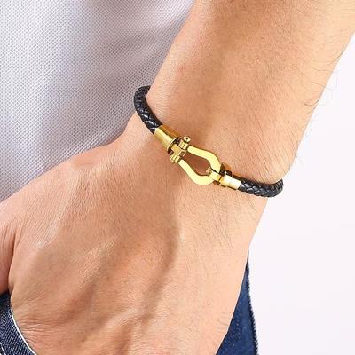 Pulseira em U Europeia e Americana, Pulseira de Corda de Couro Trançada Multicor com Fivela Magnética de Ferradura, Pulseira para Namorada e Casal.