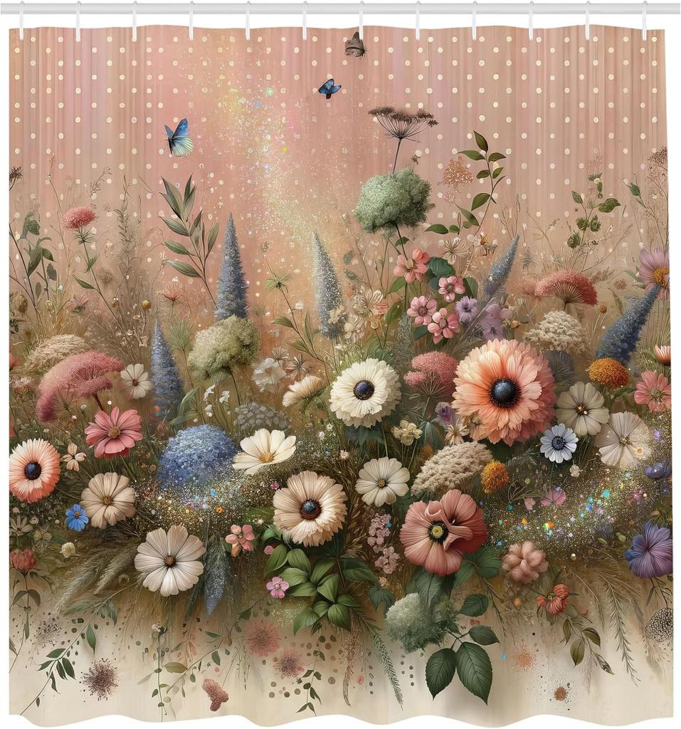 Floral Eucalyptus Shower Curtain, Creative Boho Wild Garden Bursting Into Flowers Vintage Botanic, Cloth Fabric Bathro