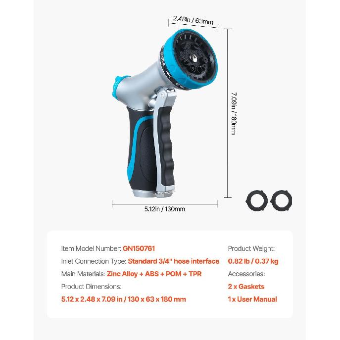 VEVOR Hose Nozzle, 10 Adjustable Spray Patterns, Metal Water Nozzle with Comfortable Ergonomic Grip, Garden Nozzle Sprayer with Flow Control for