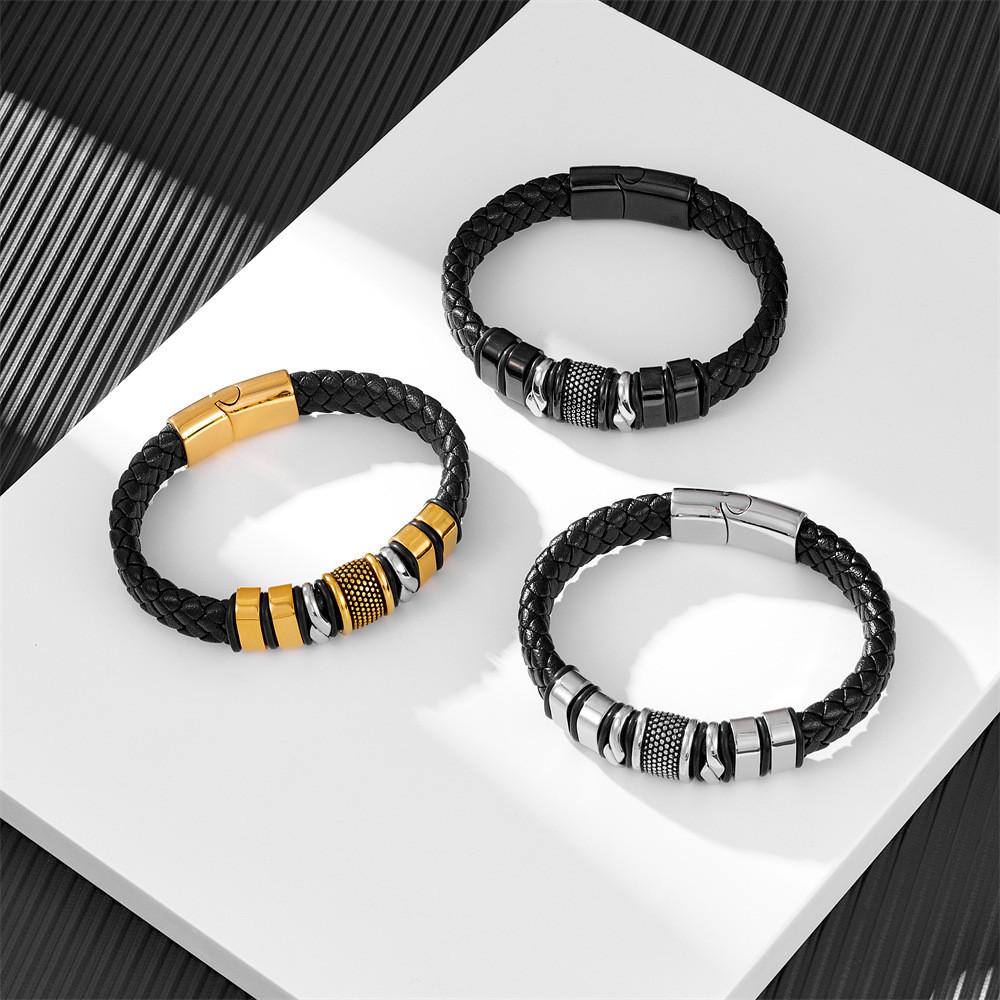 Hot Sale Woven Braided Leather Classic Stainless Steel Punk Rock Men's Leather Bracelet Design DIY Customization
