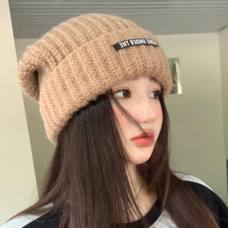 New Autumn and Winter Letter Knitted Big Hat Brim Big Head Circumference Warm Wool Hat for Women Versatile Ear Protection Students