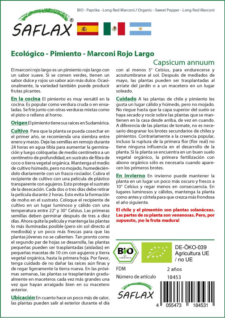 SAFLAX Dārzs maisā - Bioloģisks - Saldie pipari - Gari sarkani Marconi - 20 sēklas - Ar substrātu piemērotā stāvmaisā - Capsicum annuum
