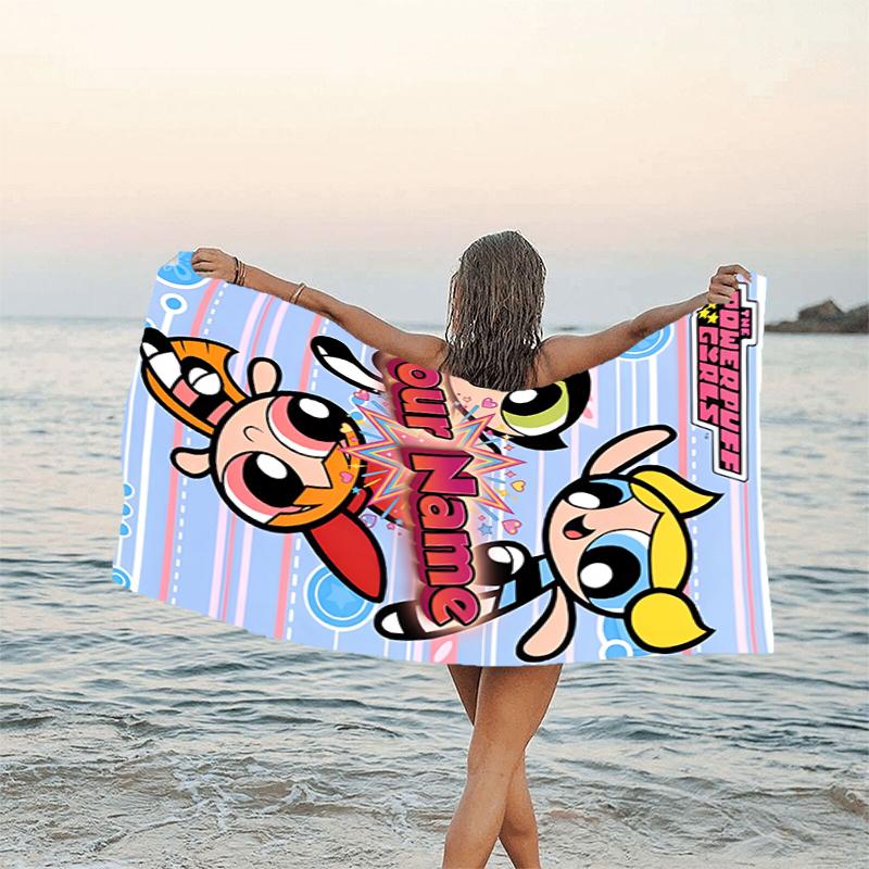 1pc Powerpuff Beach Towel with Custom Name, Beach and Seaside Swimming Pool Equipment, Fashion Pattern, Rectangular, Travel Essential