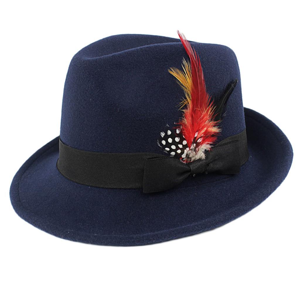 Navy Blue Mens Crushable Handmade Fedora Hat with Wool Felt Bowknot and 