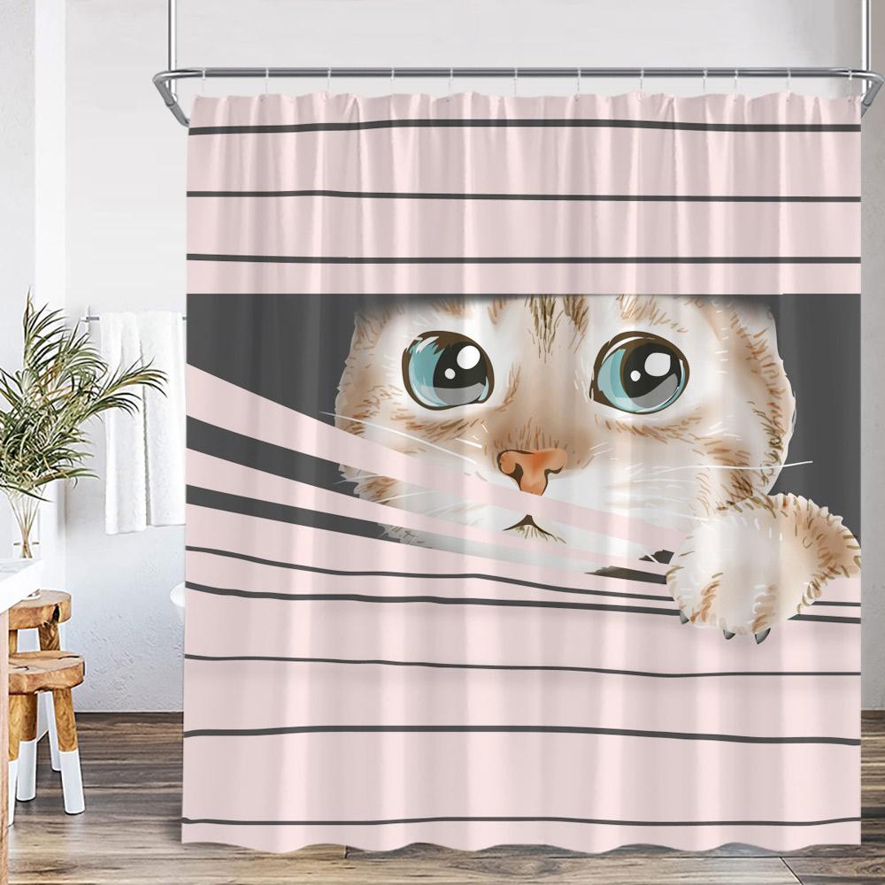 Funny Cat Shower Curtain Cat Riding Shark Dinosaur Flower Floral Polyester Bathtub Curtain Space Planet Bathroom Decor with Hook