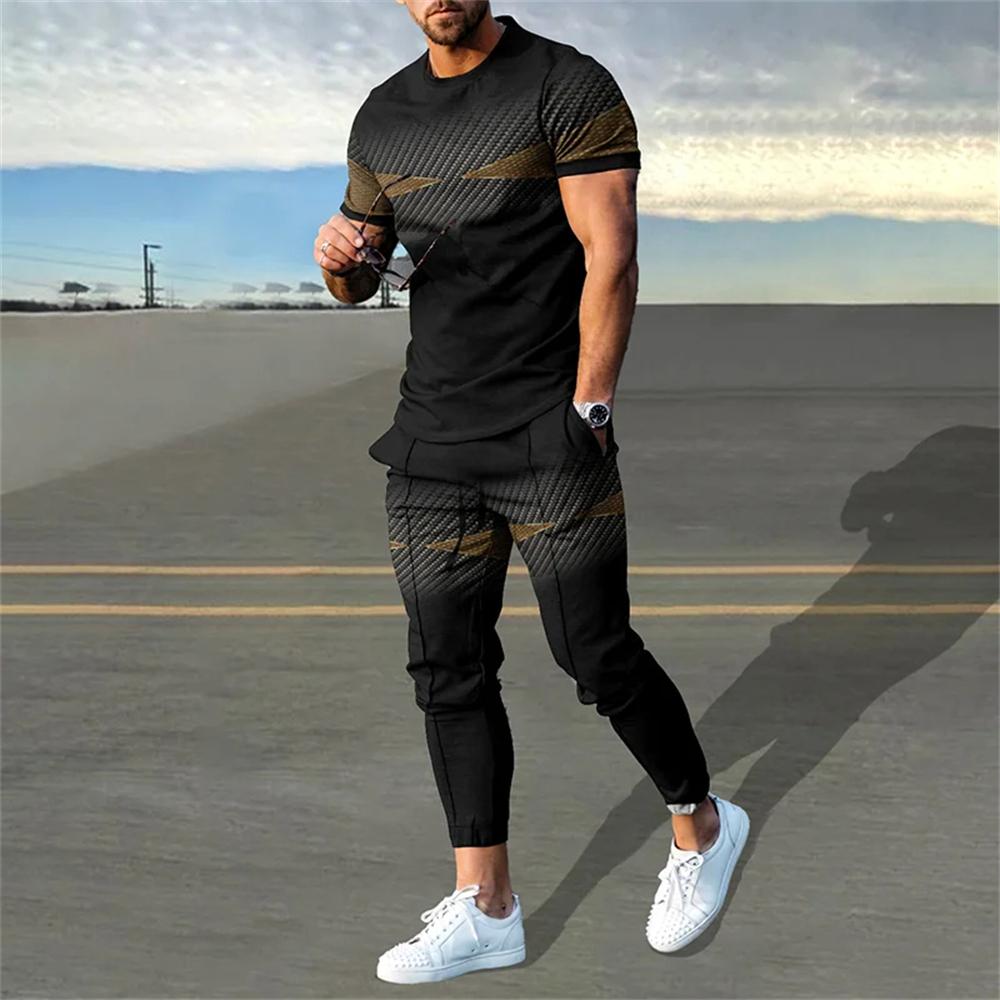 Men's Trousers Tracksuit 2 Piece Set Fashion Sportswear Summer Streetwear Short Sleeve T Shirt+Long Pants Male Clothing