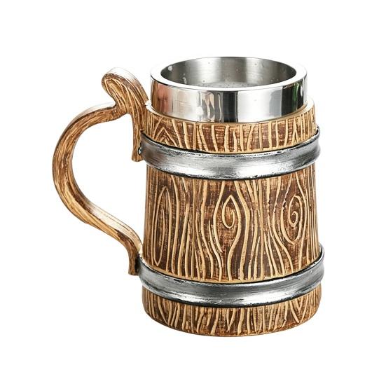 Wood Barrel Beer Mug, 600ml Stainless Steel Liner Stein, Rustic Tankard for Pub Home Bar Pub Party Gift