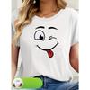 Women's Playful Cartoon Face Print Tee Round Neck Short Sleeve Summer Casual Relaxed Fit Machine Washable Stylish Top