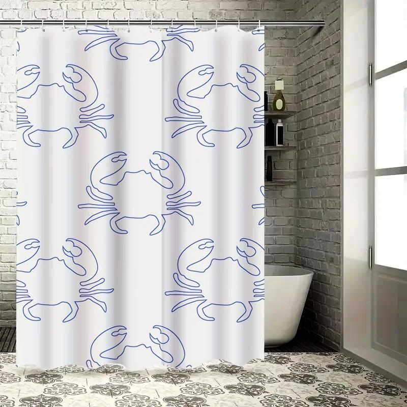Waterproof Crab Art Shower Curtain, Blue Line Illustration Design for Modern Bathroom Decor, Unique Home Accessories