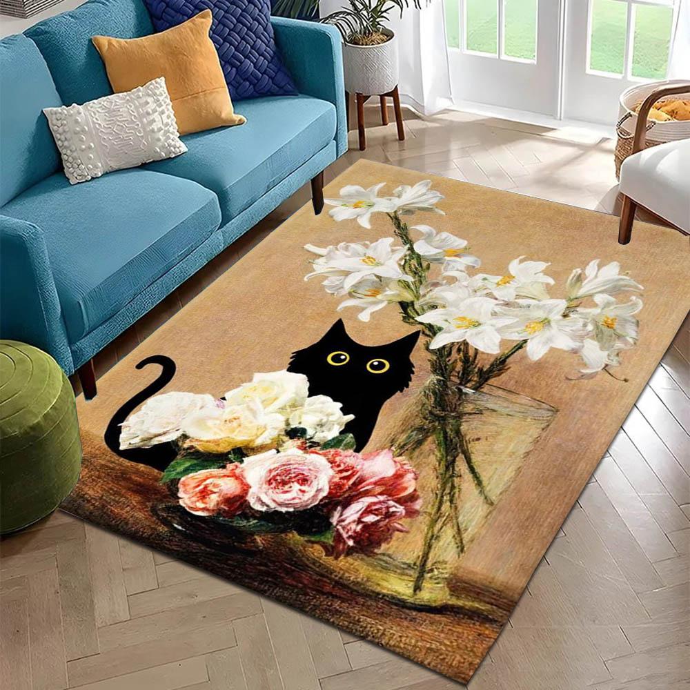 3D Black Cat K-Klimt Garden Flowers Carpet Rug for Art Living Room Decor Sofa Home Gifts Kids Game Area Rug Non-slip Floor Mat