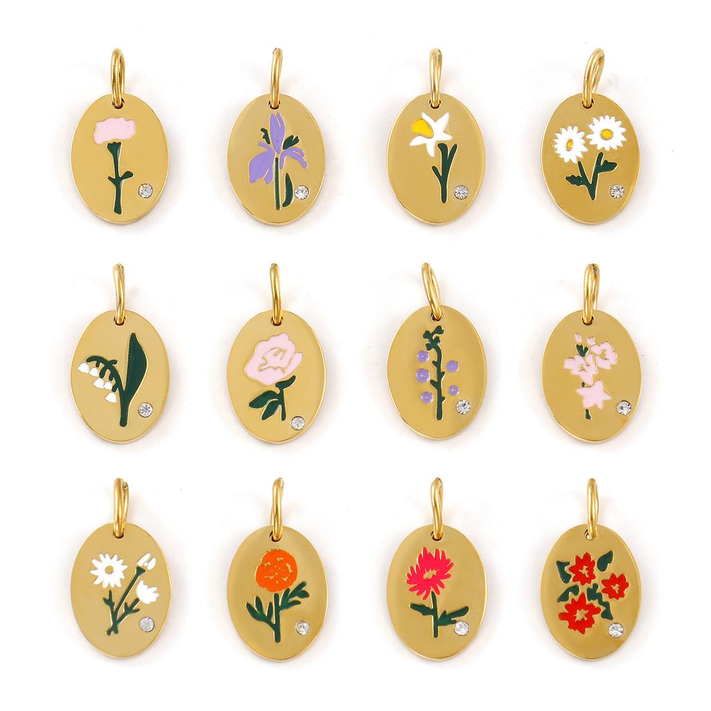 1 Piece 304 Stainless Steel Birth Month Flower Charms Enamel Oval Flower Clear Cubic Zirconia Pendants DIY Necklace 20mm X 11mm