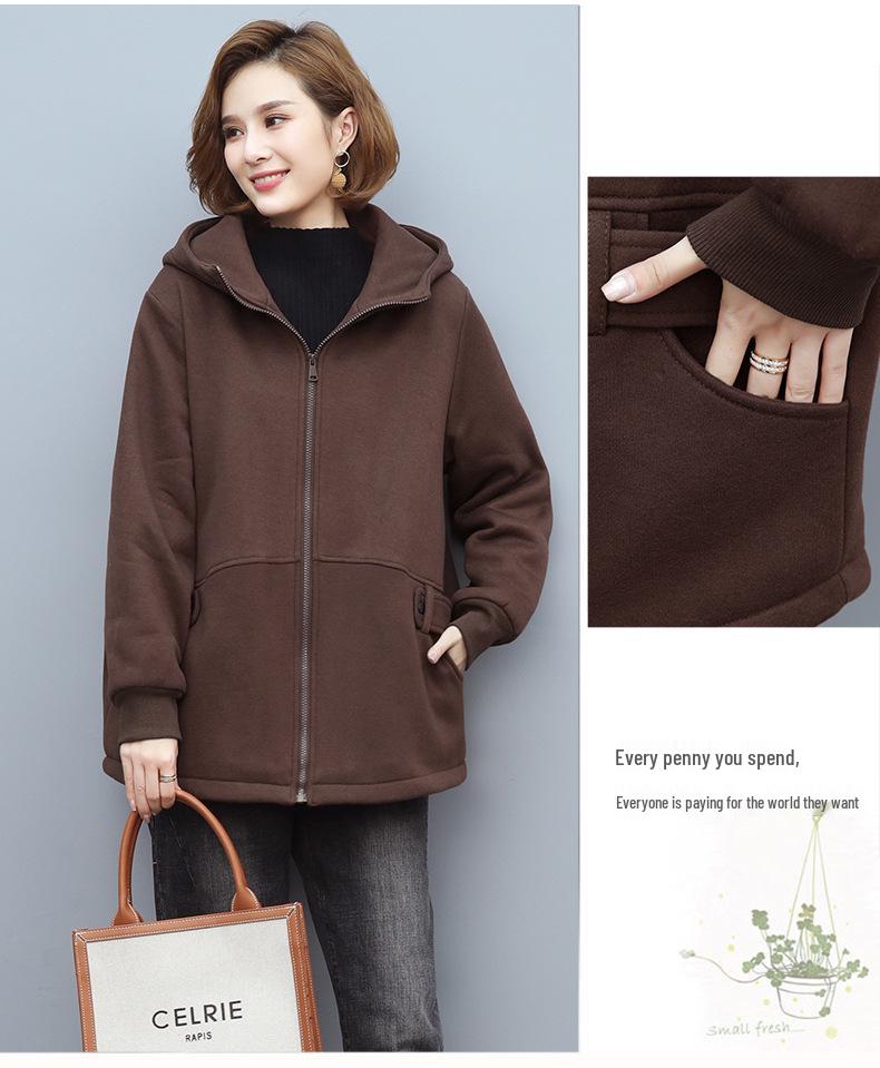 Women's Fleece-Lined Hooded Cardigan - Autumn/Winter 2024 Casual Loose Fit for Middle-Aged Moms