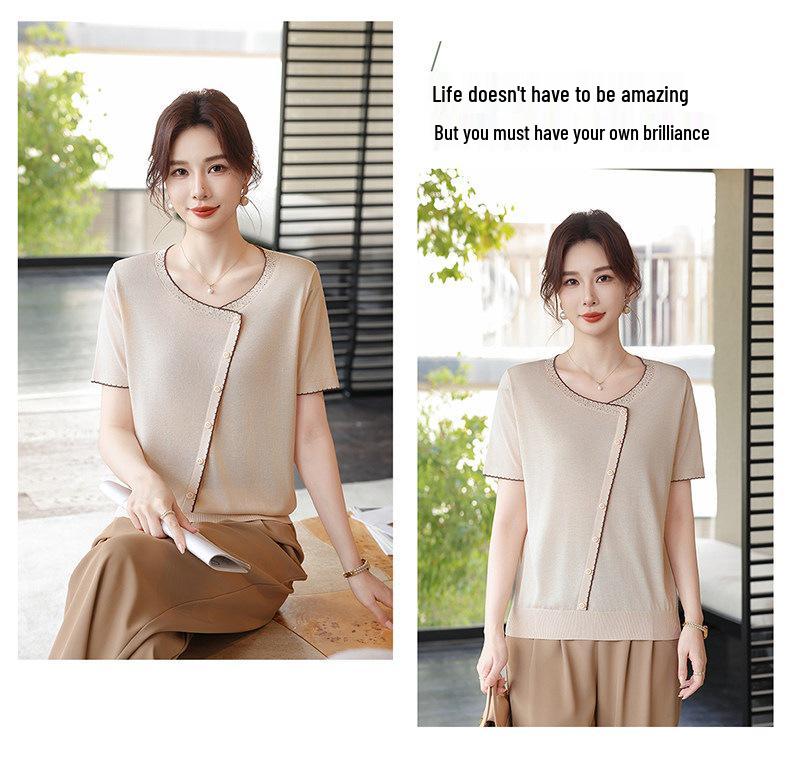 2026 Ice Silk Summer T-Shirt Set for Middle-Aged & Elderly Women: Short-Sleeve, Stylish, Lightweight Knitted Top
