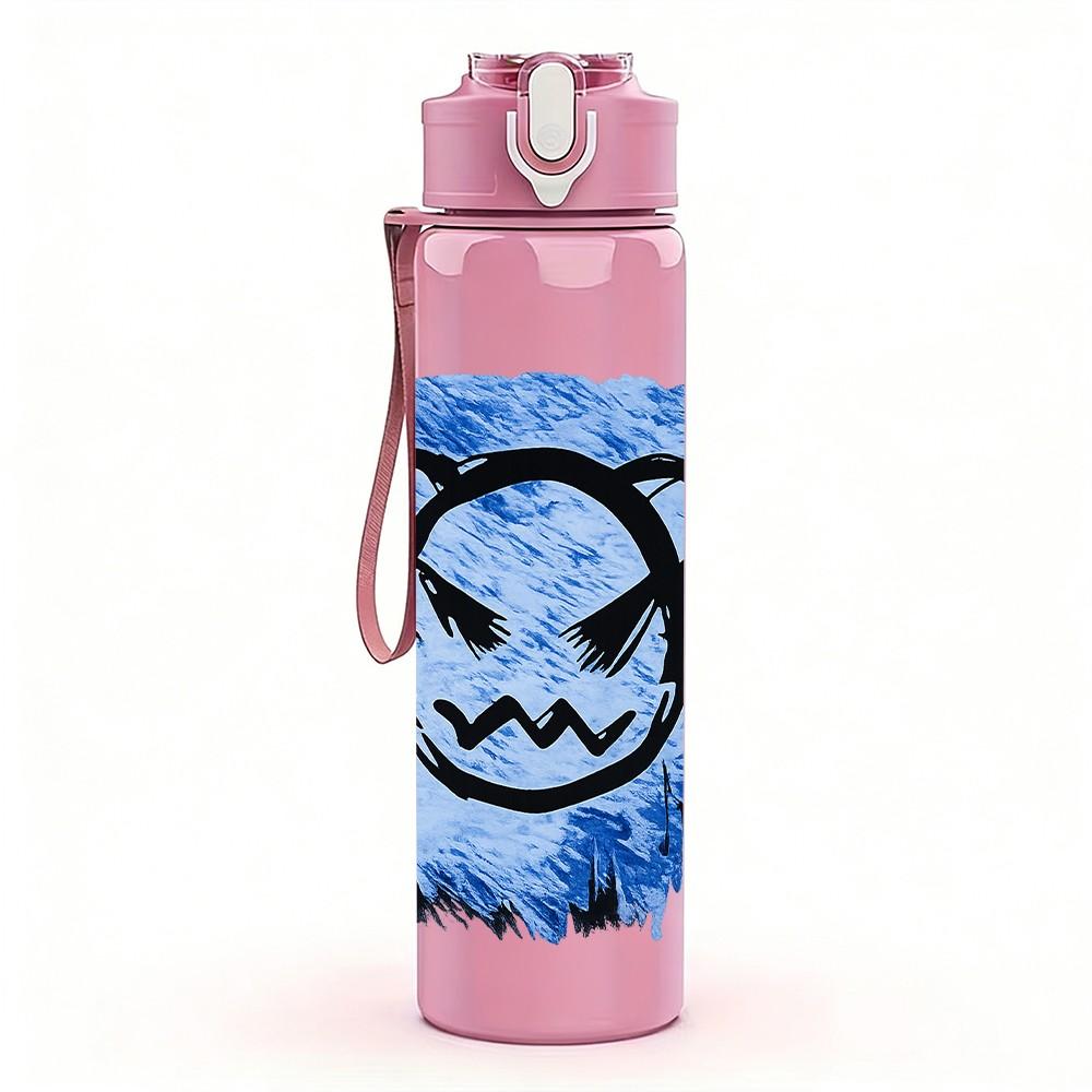 1PC Blue Graffiti Angry Bear Face Print 750ml Color Plastic Sports Water Bottle Leakproof Flip Straw Lid Suitable for Sports Office Home Use