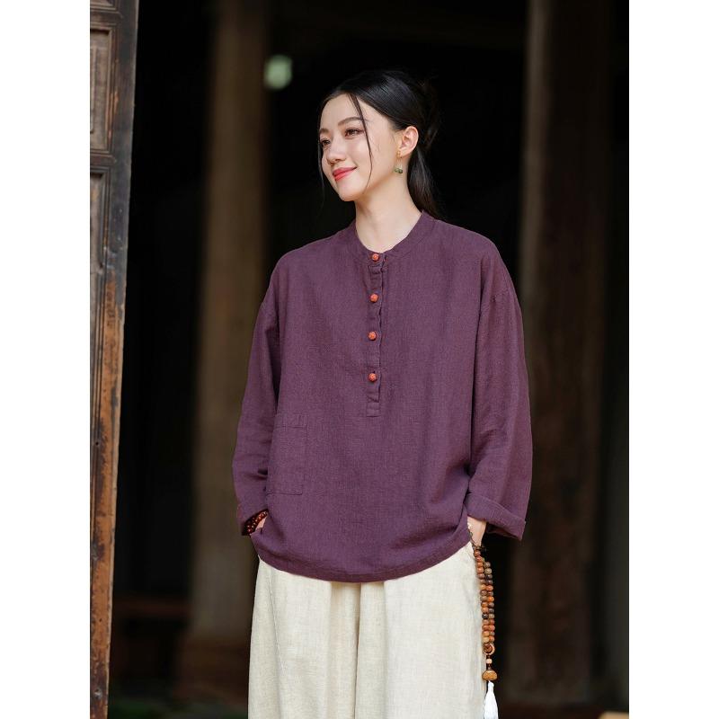 Spring and Summer Cotton and Linen Women's Linen Stand-up Collar Color Matching Plate Buckle Pullover Plus Size Blouse Women's Cotton and Linen Shirt
