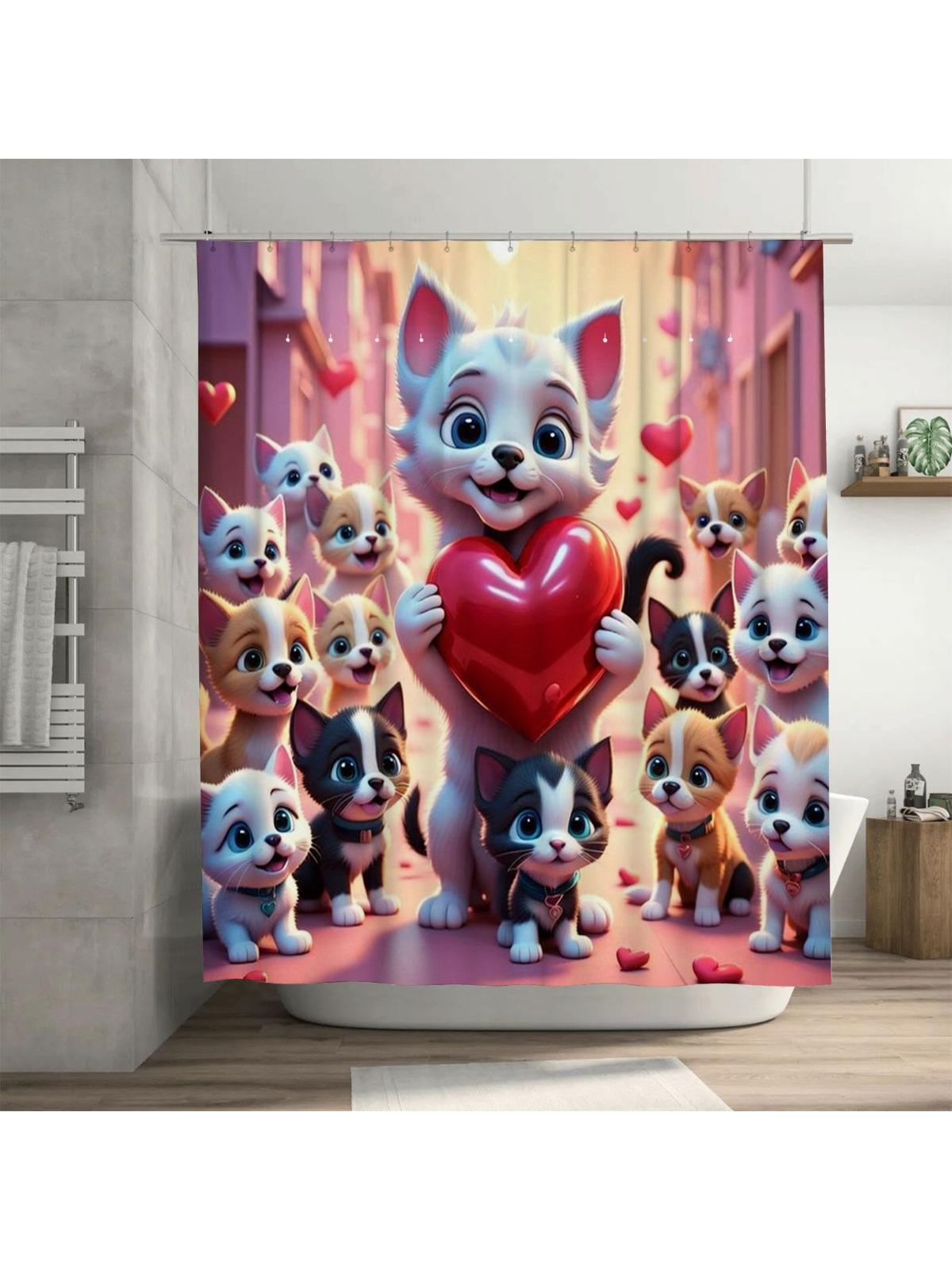 

Cute Cats With Heart Shower Curtain | Adorable Bathroom Decor W60H190(CM)-1 Pcs