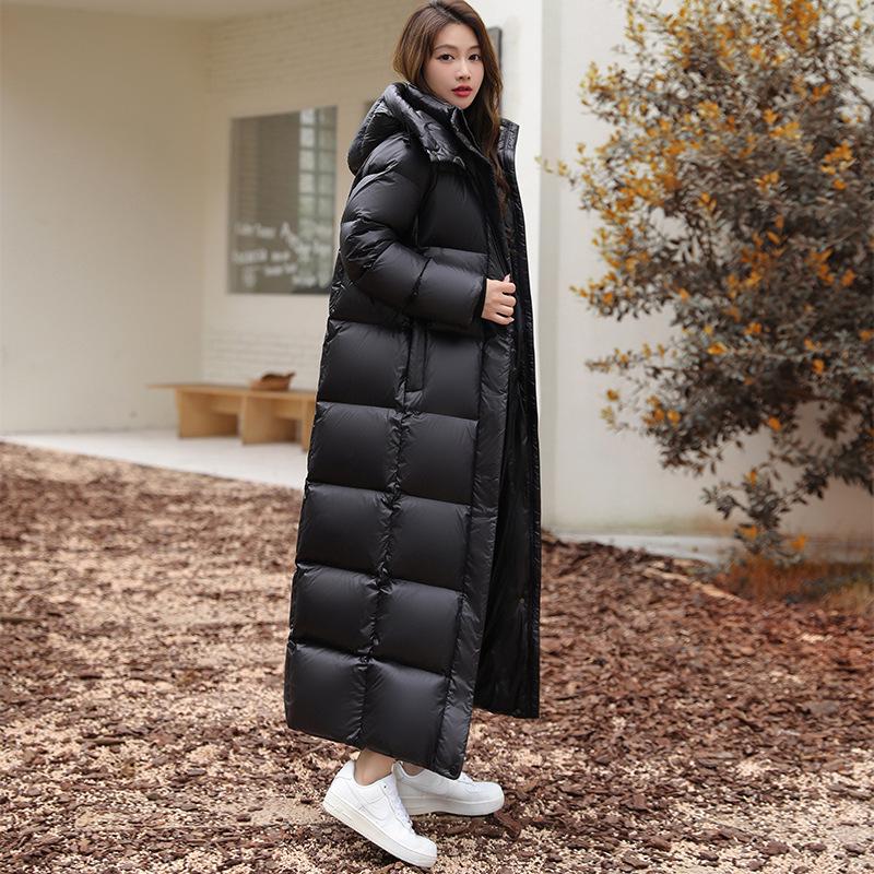 Aidanmeng Women's 2025 Black Gold Super Long Down Jacket - Knee-Length, Thick Winter Coat with 95% White Duck Down.