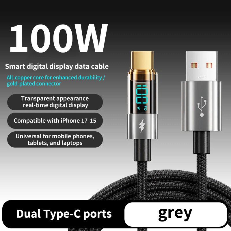 6A Clear Digital Display 100W Type-C Cable for Super Fast Charging - Compatible with Huawei, Xiaomi, Apple PD