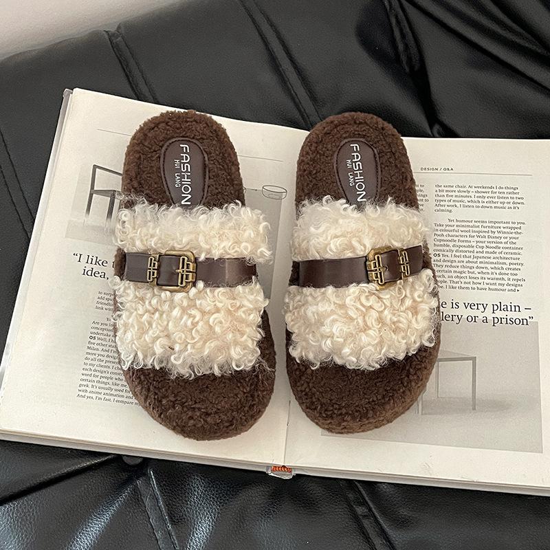 Piaohong retro style thick bottom heightening exquisite belt buckle Mao Mao slippers women's 2025 autumn and winter new one-word cotton slippers