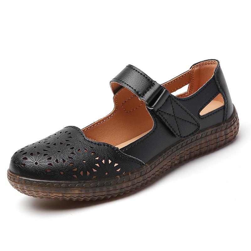 Hollow Genuine Leather Breathable Soft Flat Sandals Summer Women Shoes Woman Casual Solid Buckle Strap Ladies Sandals