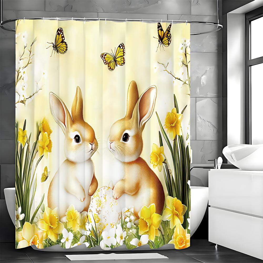 Easter Bunny Spring Shower Curtain, Cute Bunny Watercolor Greens Rustic Farmhouse Holiday Polyester Bathroom Decor with Hooks, W