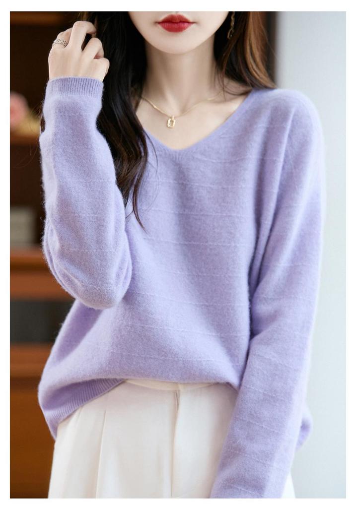Women's V-Neck Pure Wool Sweater: Lightweight, Lazy Style Knit for Autumn & Winter, Cashmere Base Layer.