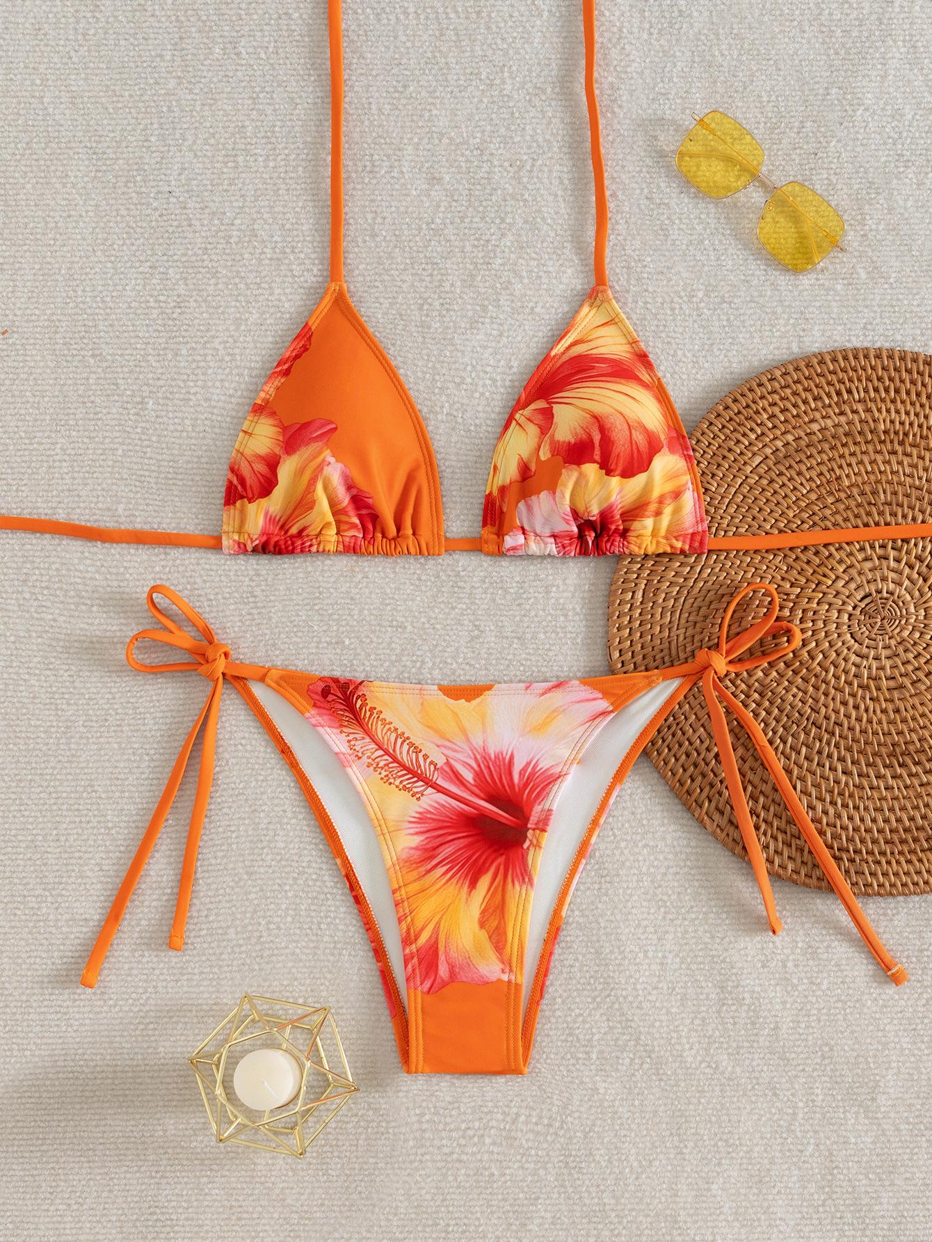 

Сексуальный раздельный купальник бикини с принтом и завязками на спине с треугольными чашками для женщин M оранжевый