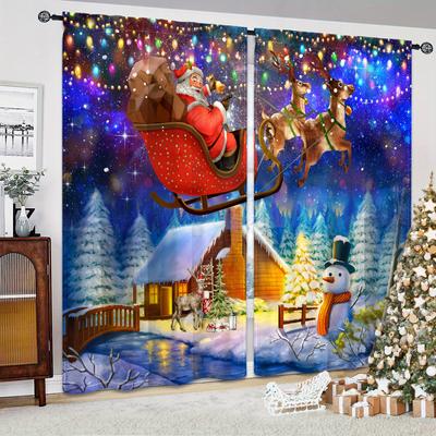 2 Panels Christmas Snow Santa Claus Curtains Semi-Blackout Curtain For Bedroom Living Room Window Kitchen Office Home Decoration