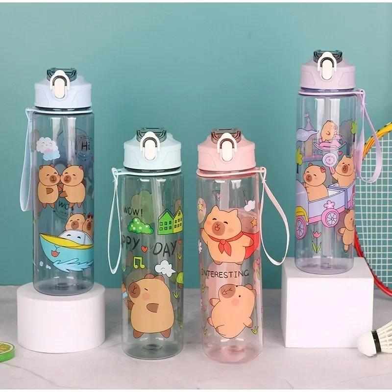 Cute Cartoon Capybara Water Bottle Leakproof Plastic Straw Cup Portable Outdoor Travel Large Capacity Sports Water Bottle
