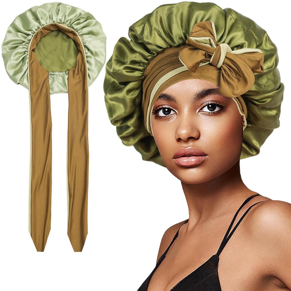 Polyester Double Layer Satin Sleep Cap With Bow Tie For Women And All Seasons Comfort