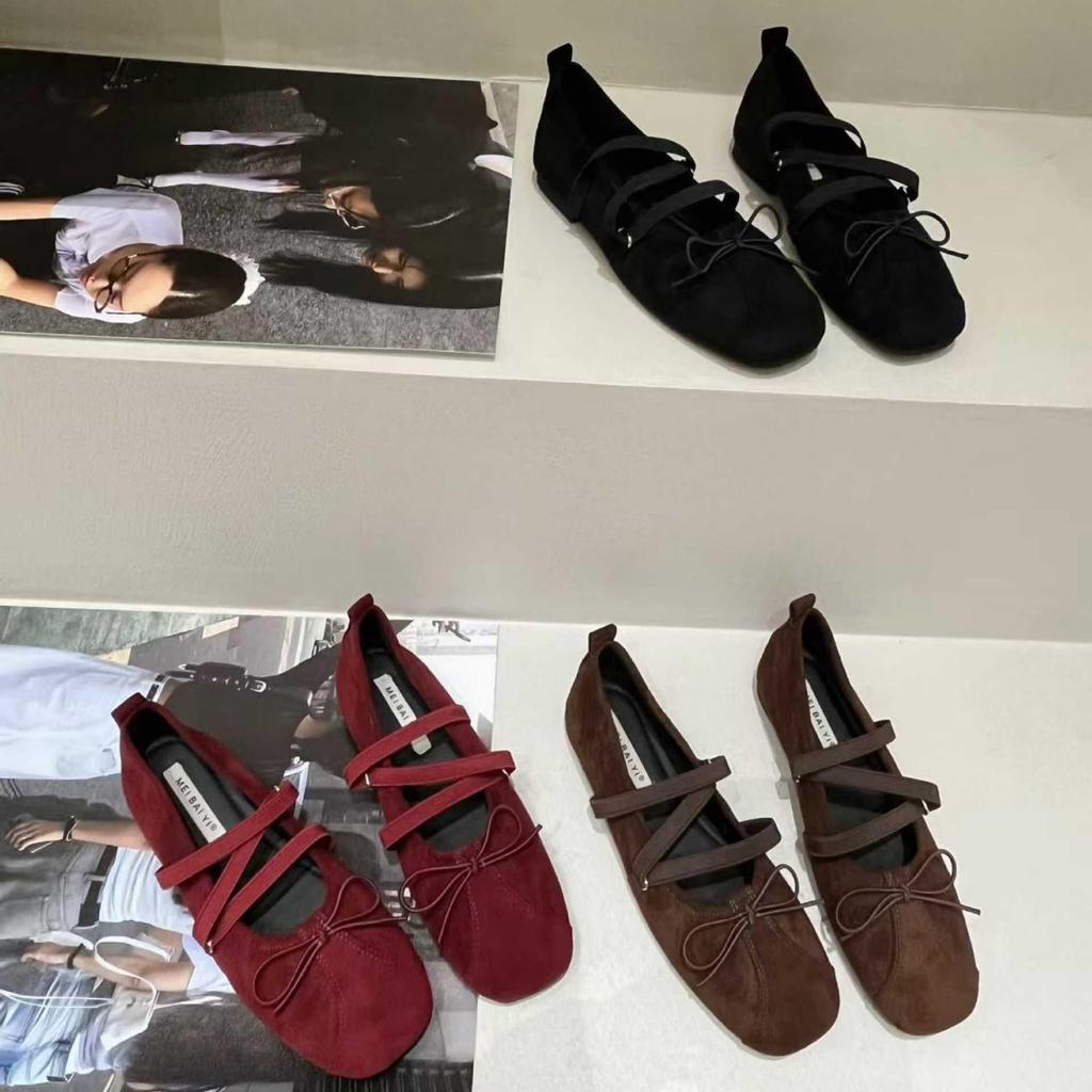 Wanwanfeng 2025 Zamszowe Baleriny z Kwadratowym Noskiem i Skrzyżowanymi Paskami z Kokardką dla Kobiet