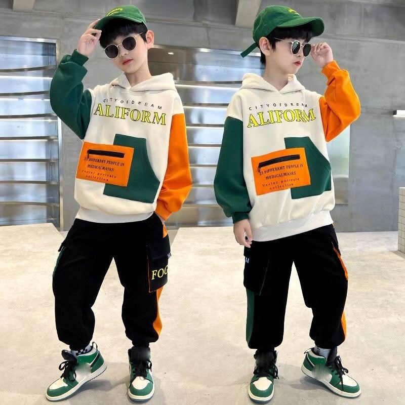 Boys Tracksuit Sets Children Patchwork Letter Sweatshirts+Pants 2Pcs Outfits Teenager Autumn Fashion Hooded Suits Spring Clothes