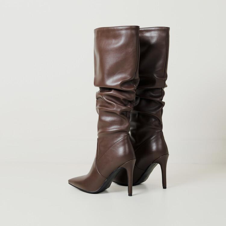 New Black Brown Pleated Lazy Long Boots European American Style 10cm High-heeled Pointed Autumn Winter Women Knee High Boots 43