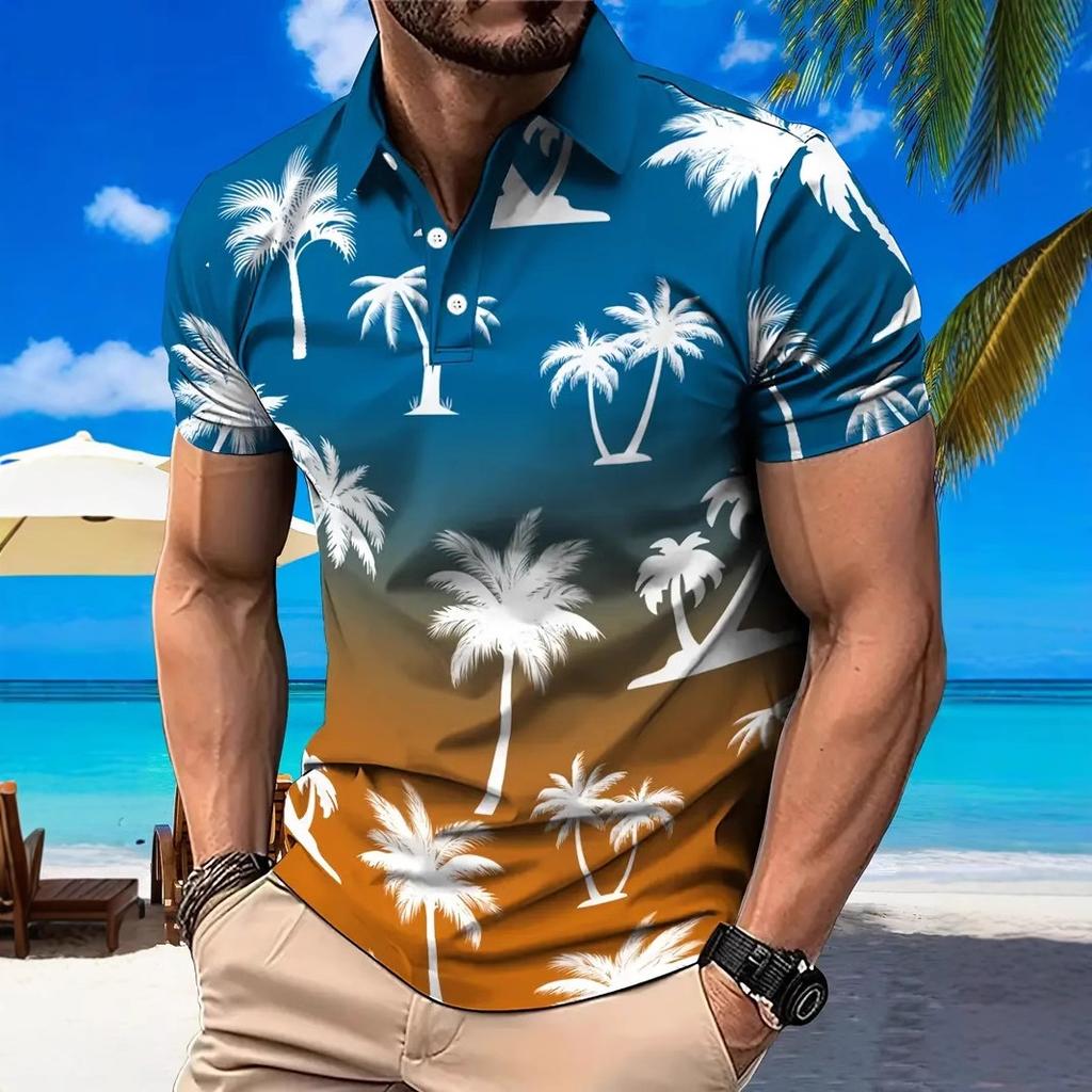 New Men's 3D Printed Versatile Coconut Tree Pattern Short Sleeved Button Polo Shirt