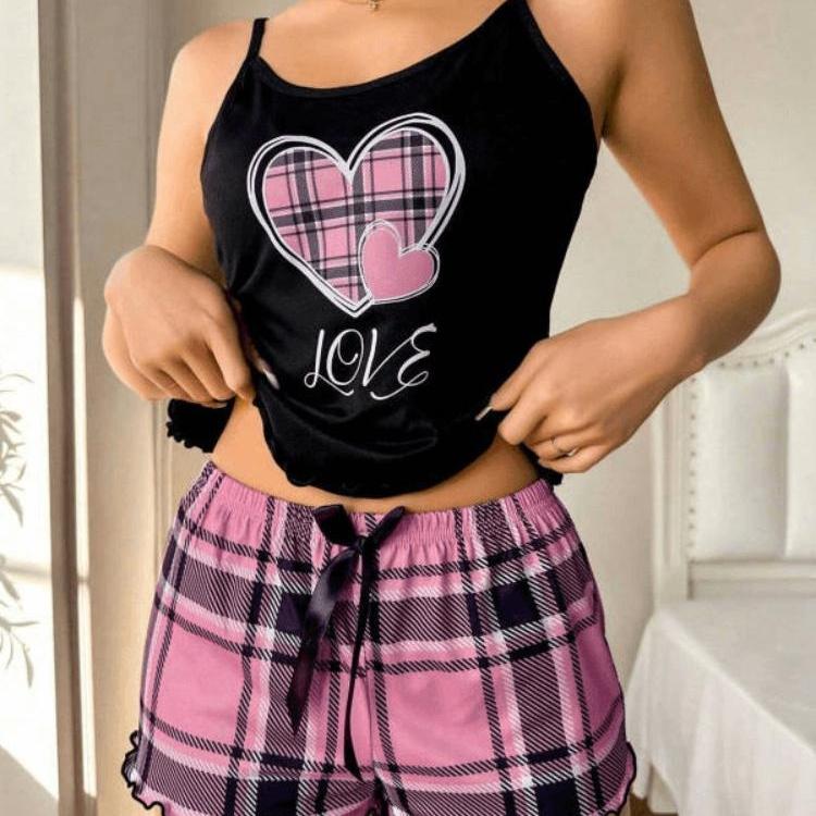 Damski piżamowy komplet z krótkim rękawem i szortami w serca i kratę