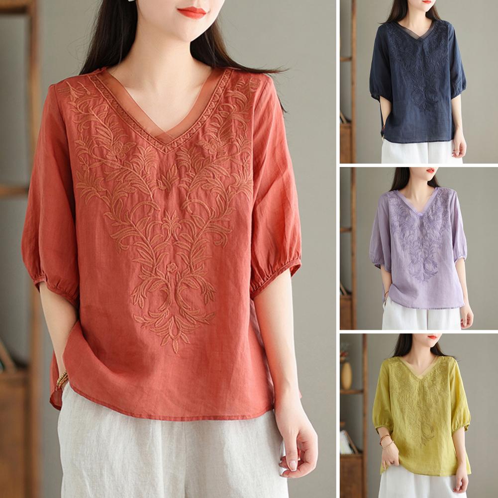 Women Loose Style Top Stylish Women's Embroidered V-neck Tops for Spring Autumn Loose Fit Commuting Style Blouses with Half