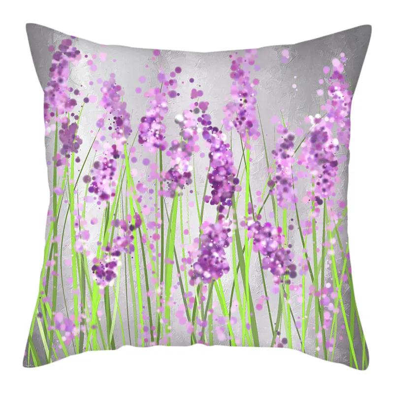 Purple Flower Lavender Polyester Cushion Cover Throw Pillowcase For Sofa Car Chair Living Room Decorative Pillow Cover 45X45Cm